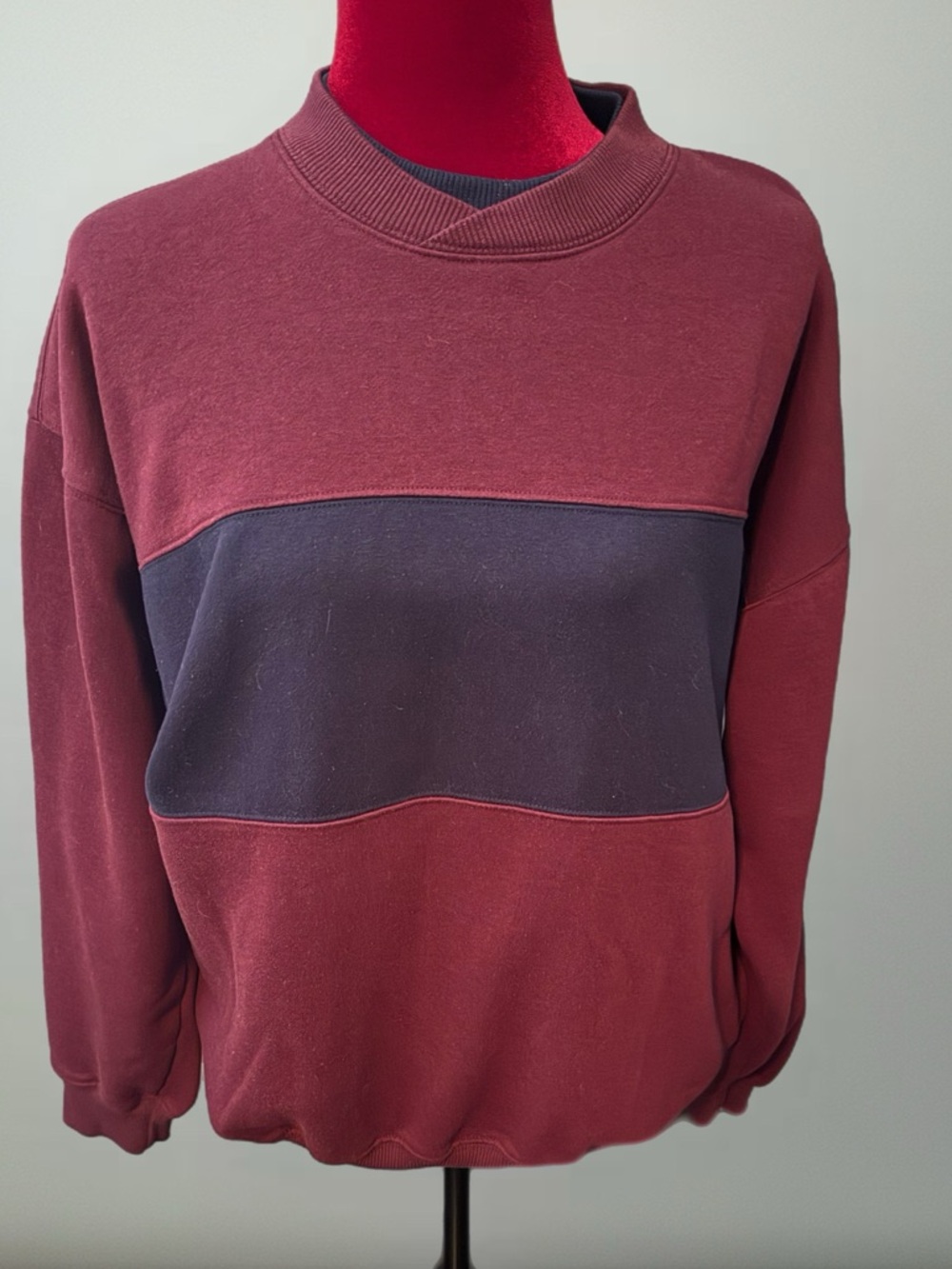 Burgundy and Navy Colorblock Crewneck Sweatshirt